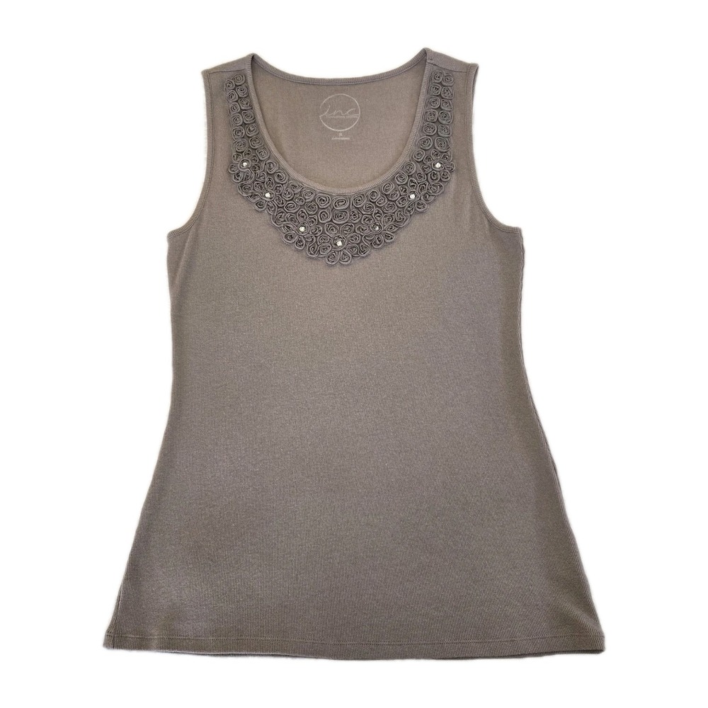 INC Womens XL Elevated Basic Euro Summer Ribbed Tank Rosette Rhinestone Greige